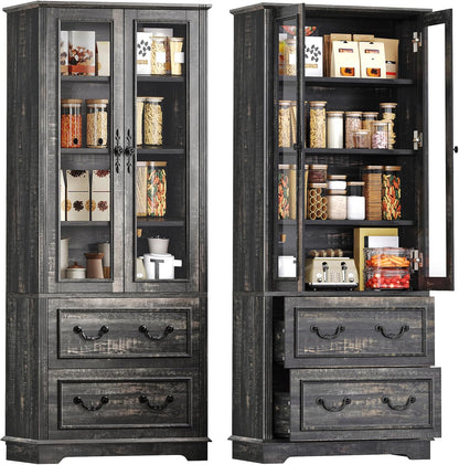 YITAHOME 76'' Kitchen Pantry Cabinet with 2 Drawers, Tall Storage Cabinet with Glass Doors & Adjustable Shelves, Freestanding Display Curio Cabinet for Collectibles, Living Room, Dark Rustic Oak
