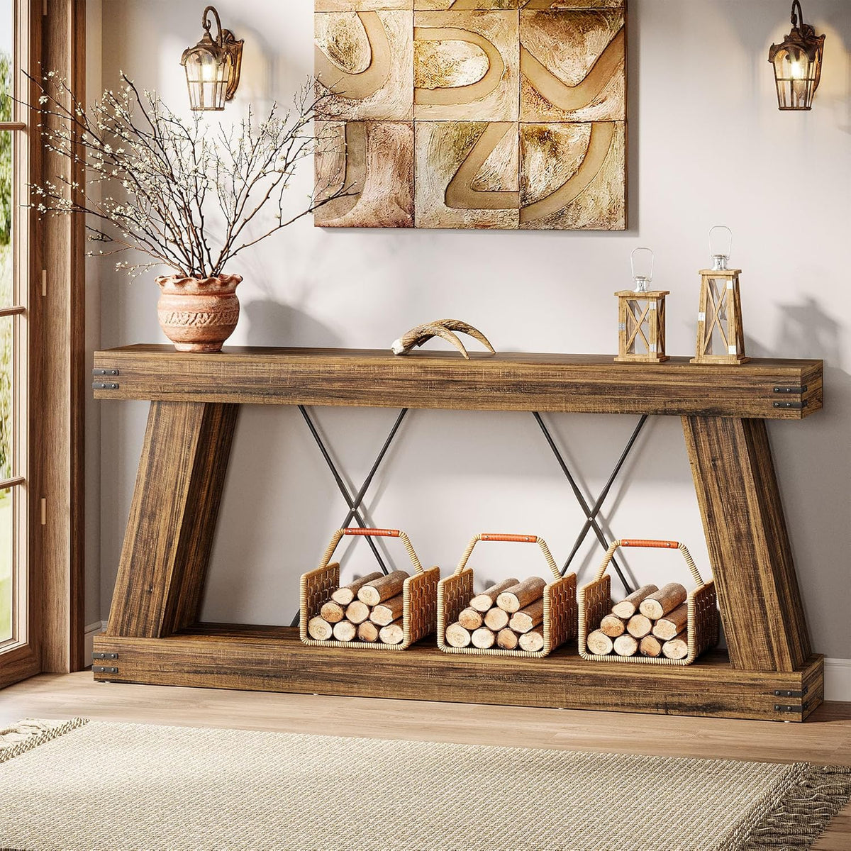 Tribesigns 70.9" Farmhouse Console Table, Long Sofa Table Behind Couch with Storage, Narrow Wooden Console Station, Industrial Rustic Entryway Furniture for Hallway, Entry, Living Room (1, Dark Brown)
