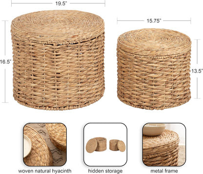Kate and Laurel Halm Modern Woven Rattan Round Storage Side Tables, Set of 2, 20 x 17 and 16 x 14, Natural Rattan, Lift-Top End Tables for Use as Hidden Storage Baskets or Small Ottoman Tables