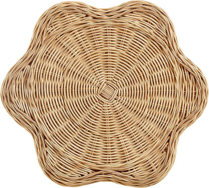 Modway Erika Scalloped Natural Rattan Side Table in Natural – 16 Inch Small Round Accent Stool with Flower-Shaped Top for Living Room, Bedroom, or Covered Patio