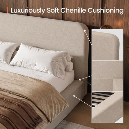 LARMACE King Upholstered Platform Bed Frame with Padded Headboard