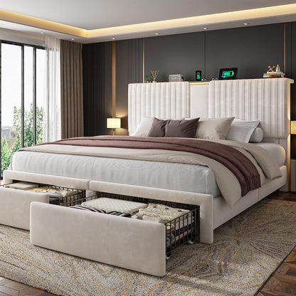 Homkdom King Bed Frame,51.3" Tall Velvet Storage Headboard,2 Drawers,Beige