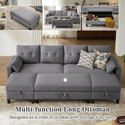 101" Convertible Sectional Sofa with Ottoman Coffee Table, Modern Linen Fabric U-Shaped Couch with Storage Pocket, 4 Seat Sofa Couches for Living Room, Apartment, Office, LightGrey