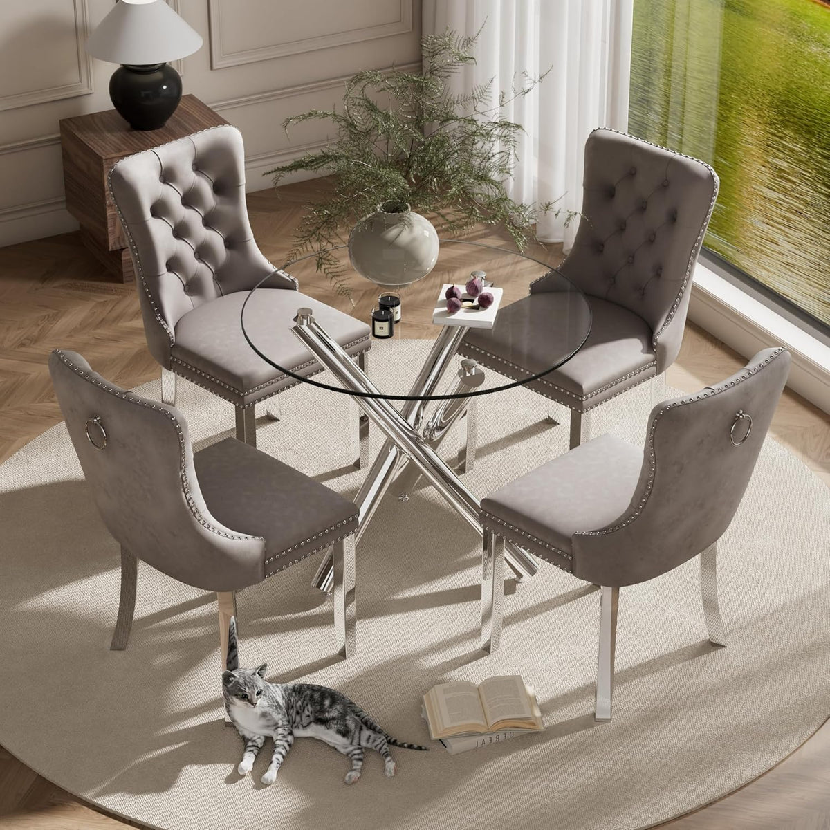 Modern Silver Round Glass Dining Table Set for 4, 36'' Luxury Minimalist Circle Dinette Room Set, 5 PCS Clear Circular Glass Top Kitchen Set, Grey High-end Tufted Chairs, for Small Place