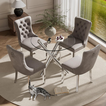 Modern Silver Round Glass Dining Table Set for 4, 36'' Luxury Minimalist Circle Dinette Room Set, 5 PCS Clear Circular Glass Top Kitchen Set, Grey High-end Tufted Chairs, for Small Place