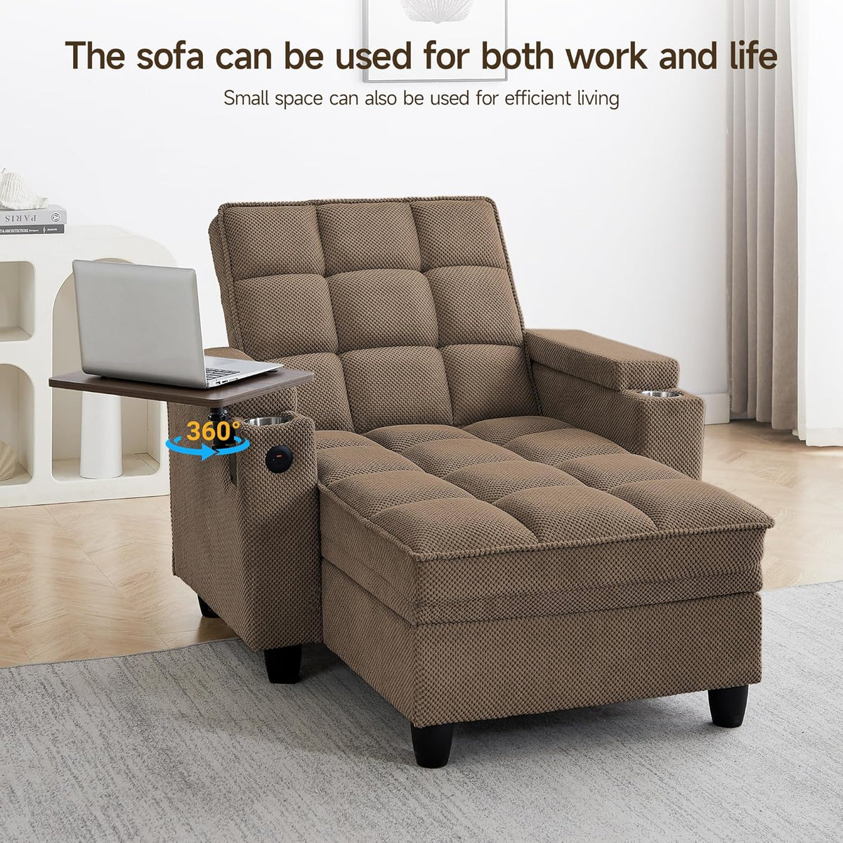 hansones 41.7" Oversized Chaise Lounge Chair Indoor, 3-in-1 Convertible Sleeper Lounger with Adjustable Backrest, Deep Seat Reading Chair with Armrest Storage, Swivel Table & Cup Holders