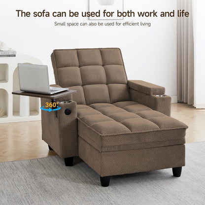 hansones 41.7" Oversized Chaise Lounge Chair Indoor, 3-in-1 Convertible Sleeper Lounger with Adjustable Backrest, Deep Seat Reading Chair with Armrest Storage, Swivel Table & Cup Holders