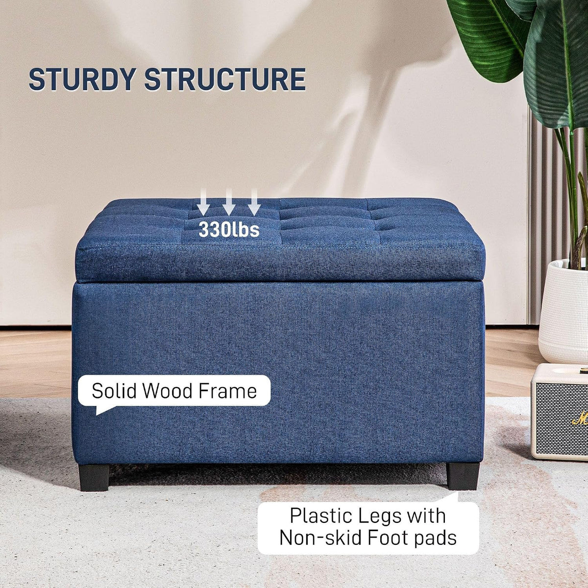 Round Storage Button Tufted Flip Top Ottoman in Luxurious Blue Velvet with Premium Upholstery and Comfortable Elegant Design