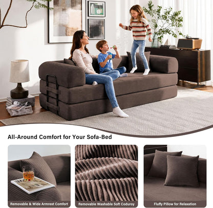 79" Convertible Sofa Bed, 5-in-1 Corduroy Couch Bed Sofa Pull Out, Memory Foam Couch, No Assembly Futon Couches for Living Room (Brown)