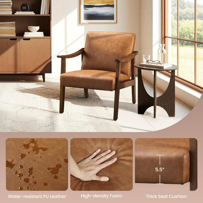 Yaheetech Accent Chairs Set of 2, Mid-Century Faux Leather Armchairs Brown | Cushioned Club Chairs with Supportive Sloped Backrests and Sturdy Wood Arms Fit Small Living Rooms, Offices, Reading Nook