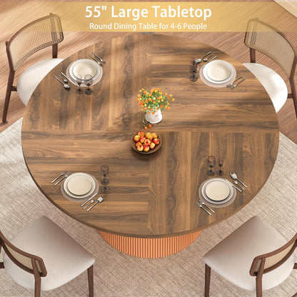 55 inch Round Dining Table for 4-6 People, Modern Farmhouse Dining Kitchen Table with Fluted Cylindrical Pedestal Base for Dining Room, Living Room, Kitchen, (Chairs Not Included)