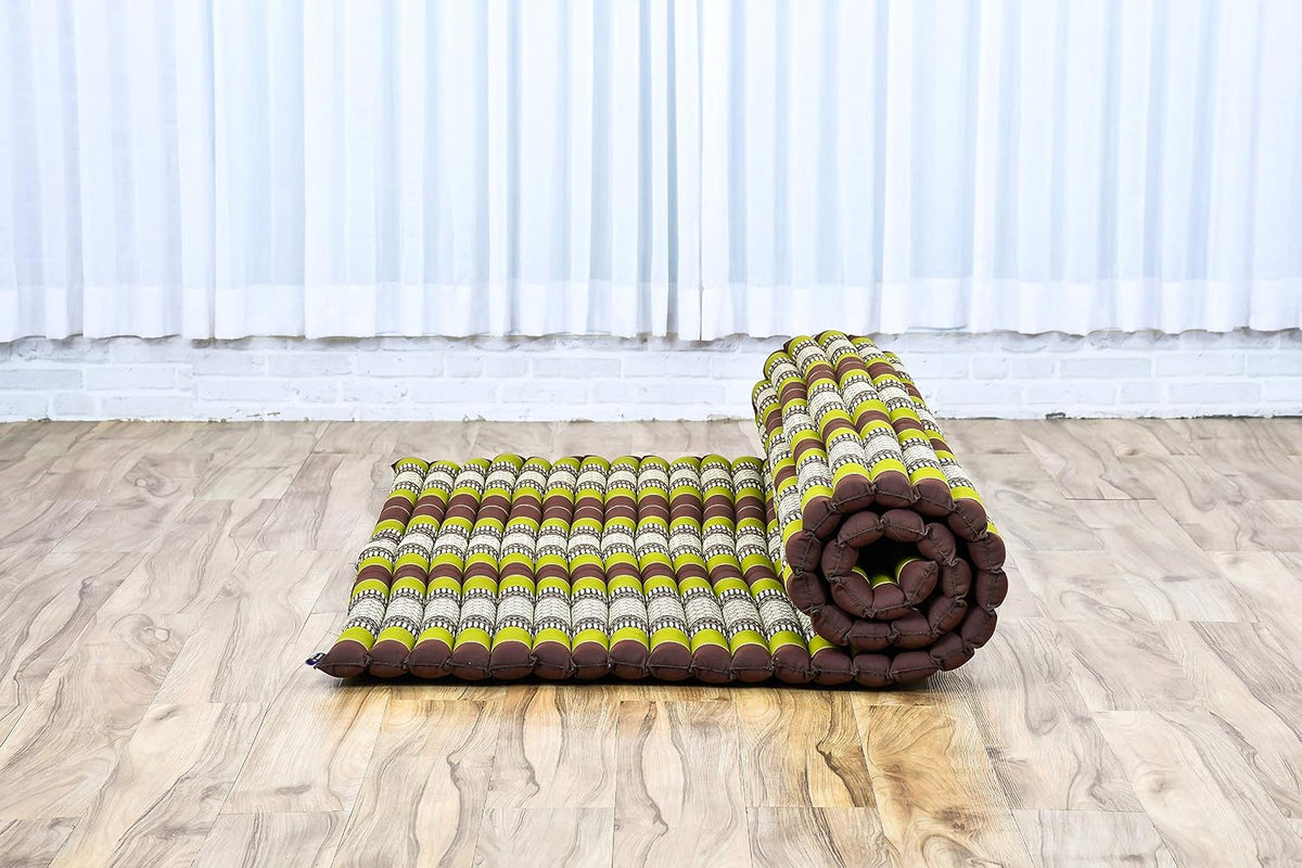 Leewadee - Foldable Floor Mattress - Japanese Roll Up Futon -Trifold Tatami Mat- Guest Floor Bed - Camping Mattress - Thai Massage Mat, Kapok Filled, 75 x 57 inches, Brown Green