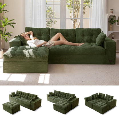 MAXYOYO Couch, 104-Inch L-Shaped Cloud Couch with Ottoman | Dark Green Upholstered Sofa Features Layered Cushions and Flexible Modules with No Assembly, Ideal for Modern Living Rooms.