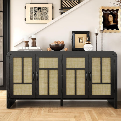 RoyalCraft Buffet Cabinet with Storage Sideboard Accent Farmhouse Credenza with 4 Doors & Shelves Rattan 59" Media Console Boho Coffee Bar Table for Living Room Kitchen Dining Room Hallway