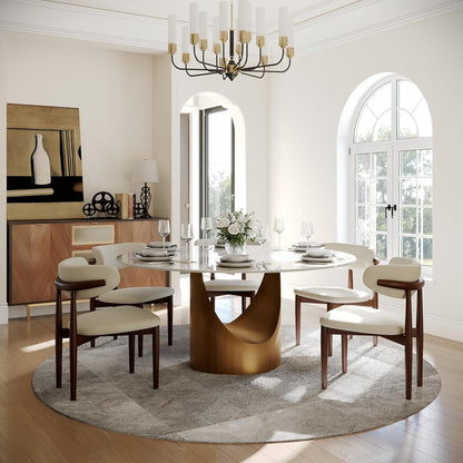 POVISON Round Dining Table for 4, 51" Glossy White Sintered Stone Top Dining Table with Bronze Carbon Steel Pedestal, Modern Dining Room Table for Kitchen, Living Room (Table Only)