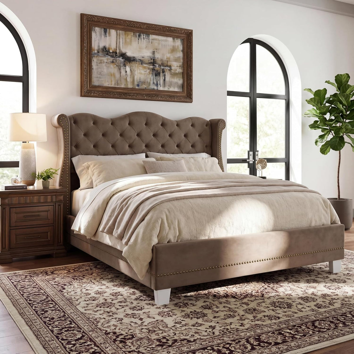 Merax Brown King Size Velvet Upholstered Bed Frame with Thick Tufted Wingback Headboard, Retro Classic Style Platform Bed with Sturdy Wood Slatted Support and Legs, No Box Spring Needed, Bear 700lbs