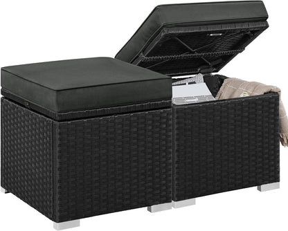 Yaheetech Wicker Ottomans, Set of 2 PE Rattan Side Tables, Black/Gray | Outdoor/Indoor Footstools with Hidden Storage & Removable Cushion, Additional Seating for Patio/Garden/Balcony/Yard
