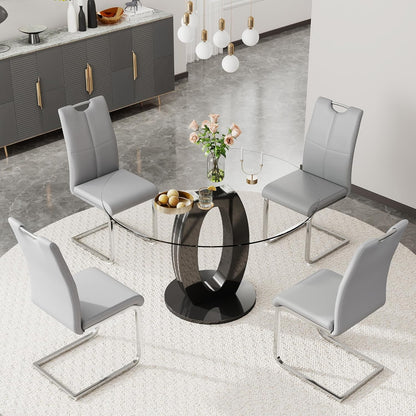 RGZ 39'' Modern Luxury Clear Glass Round Dining Table for 4-6, Glass Circle Top Kitchen Table with Elegant Silver Decorative Strips & Black Base, Small Apartment Dinner Table for Home, Living Room