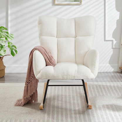 37.2" H Glider Rocking Chair Upholstered with Teddy Fabric, Indoor Rocking Chair with Armrests & Metal Frame (Ivory)