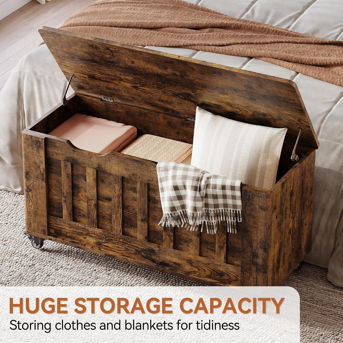 GarveeHome Storage Chest, 39.4" Wooden Storage Bench with 4 Wheels (Brown) | Blanket Chest with 2 Safety Hinges, Round Corner, Supports 350 LBS, Storage Trunk for Entryway, Living Room, Bedroom