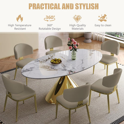 71" Oval Marble Dining Table with Gold Stainless Steel Base,Oval Kitchen Table for 4-6 People,Elegant Contemporary Dining Table