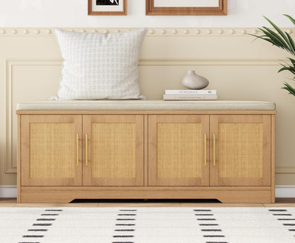 Rattan Shoe Storage Bench, 47.2" Wide Entryway Bench, Natural Oak | 2 Tier Shoe Bench with Padded Cushion, Hidden Shoe Rack Bench with Adjustable Shelves, for Hallway Living Room, Bedroom