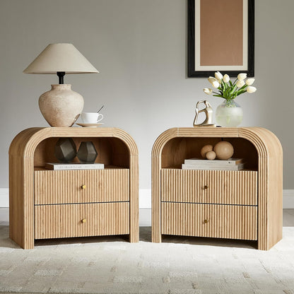 T4TREAM 24" Fluted Nightstand Set of 2 with Charging Station, Natural Oak | 2-Drawer Bedside Table, Modern End Table with Storage for the Bedroom or Living Room, Thickened frame, Rounded Silhouette