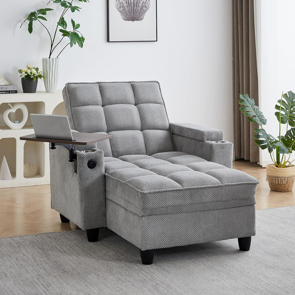 hansones 41.7" Chaise Lounge Chair Indoor, Sofa Bed with Adjustable Backrest, Sleep Sofa Couch, Deep Seat Reading Chair, Couches for Living Room with Storage & 360° Swivel Side Table (Gray, 41.7")