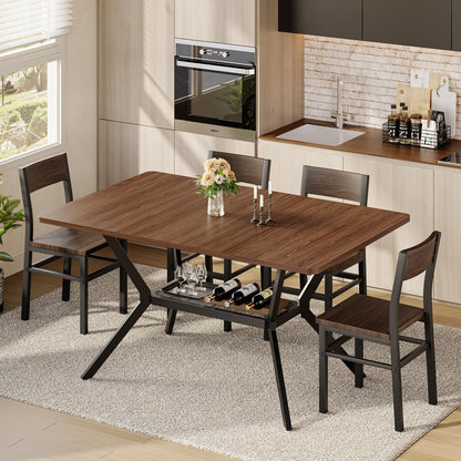 55 inch Dining Table for 4-6, Rectangle Kitchen Table with Storage Shelf, Space Saving Modern Farmhouse Design with Sturdy Metal Legs for Dining Room & Small Apartments