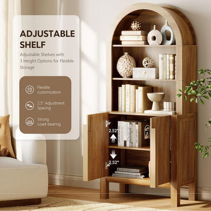 WAMPAT 6 in 1 71" Arched Bookcase with Doors, Walnut