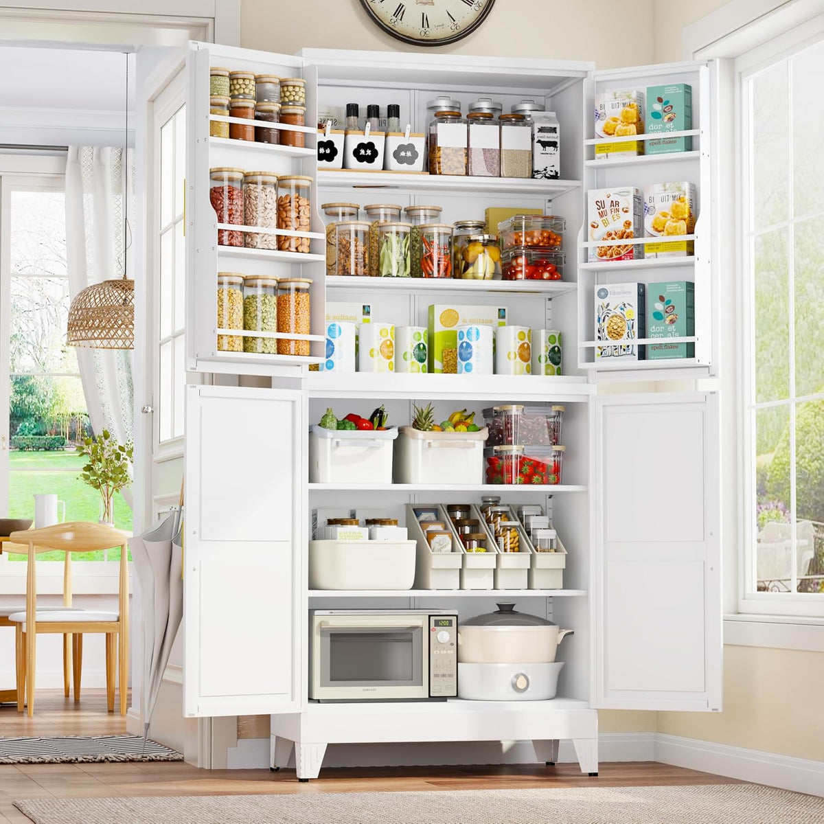 GAIOUS 74.8" Tall Metal Food Cabinet, White Kitchen Pantry Cabinet Cupboard | Food Storage, Kitchen Organizer, Storage Cabinet with 4 Door and 4 Adjustable Shelves, Steel Freestanding, for Dining Living