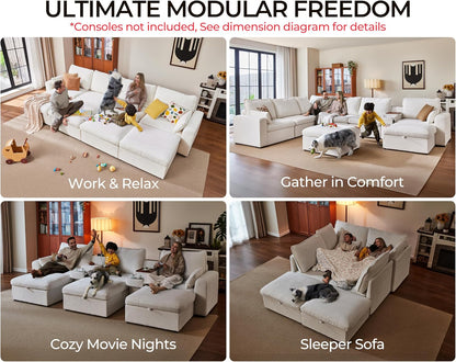 124.8'' Oversized Modular Sofa Comfy Cloud Couch with Storage Wide L-Shaped Sectional Sofa Set with Chaise for Living Room, Covers Washable, 4-Seater with Ottoman, Chenille, White