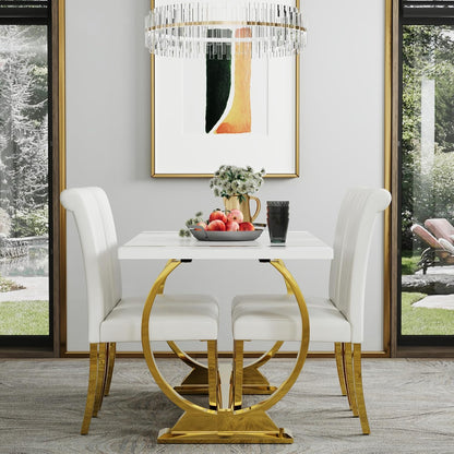ACEDÉCOR Dining Table Set for 4, 5-Piece White and Gold Dining Set with 4 Faux Leather Dining Chairs, Modern Luxury Dining Room Table Set with Stainless Steel U-Shaped Base