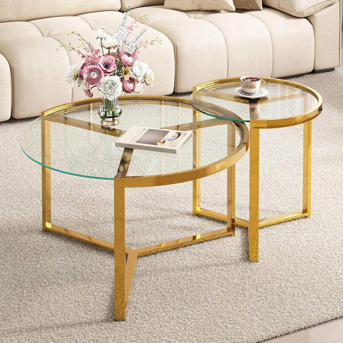 Round Nesting Coffee Table Set of 2 with Gold Frame & Mirrored Top, Black | Modern Circular Cocktail Tables with Tempered Glass, Space-Saving for Living Room & Apartment