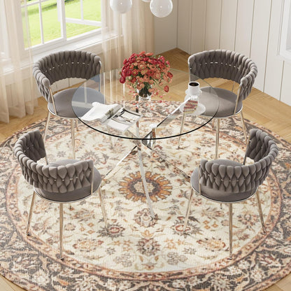 Modern Minimalism Circle Dining Table Set of 4, 36'' Round Tempered Glass Table Top with Silver Base & 4 Grey Silver Velvet Dining Chairs, 5-Piece Dining Room Table Set (Easy Assembly)