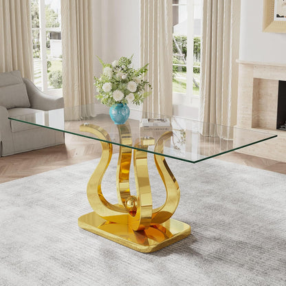 69" Glass Dining Table for 4-6, Luxury Rectangular Kitchen Table with Tempered Glass and Gold Petal-Shaped Base for Dining Room, Living Room