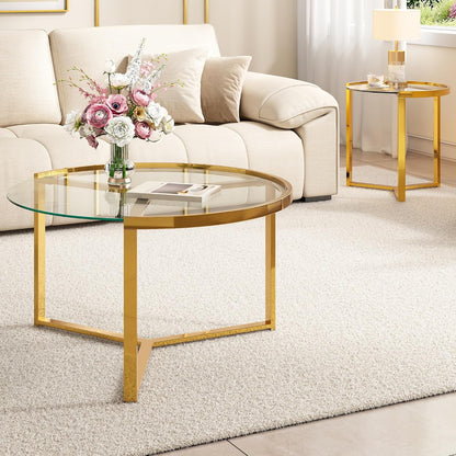 Round Nesting Coffee Table Set of 2 with Gold Frame & Mirrored Top, Black | Modern Circular Cocktail Tables with Tempered Glass, Space-Saving for Living Room & Apartment