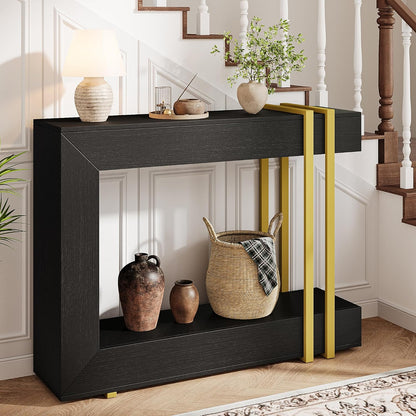 iPormis 42.5-Inch Console Table for Entryway, 2-Tier Sofa Table Behind Couch, Wood Entry Table with Storage & Metal Lines Base for Living Room, Hallway, Foyer, Black