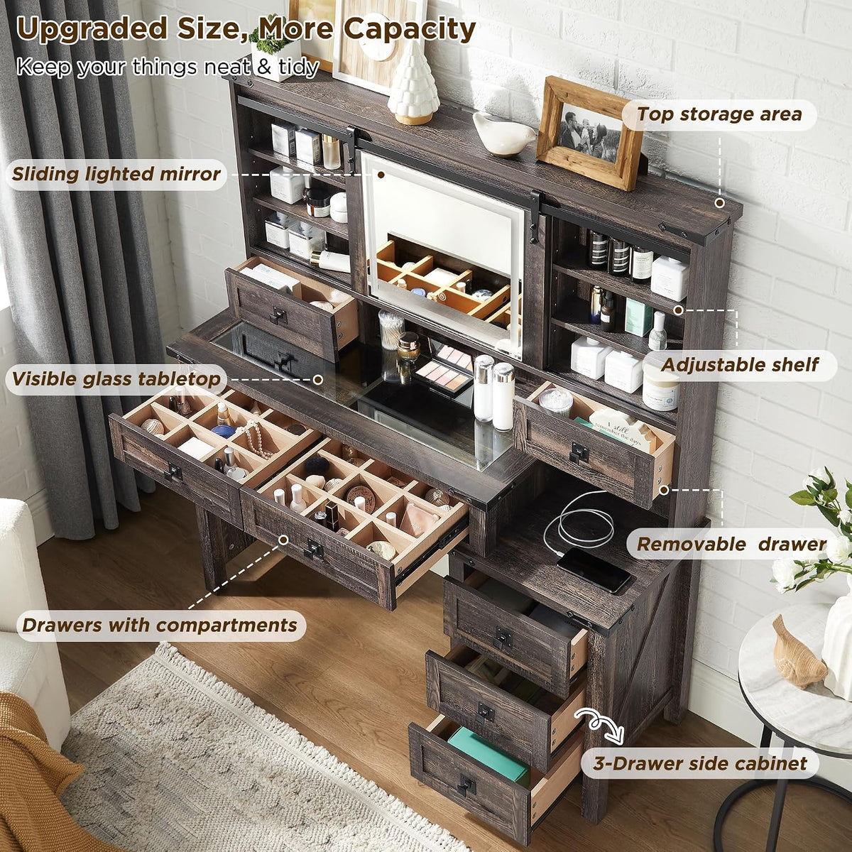 T4TREAM 48'' Farmhouse Makeup Vanity Desk with Sliding HD Mirror and Lights, Big Modern Lighted Vanity Table with 7 Drawers & Shelves, Rustic Large Dressing Table for Bedroom, Dark Rustic Oak