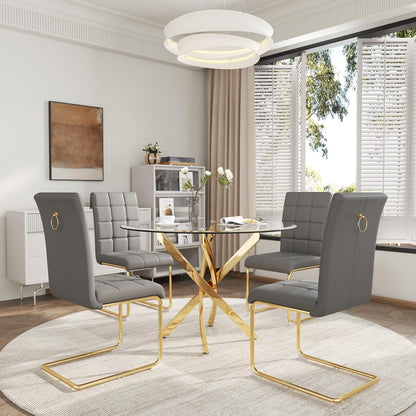 AF ARTISAN FURNITURE 5 Piece Round Glass Dining Table Set, Gold Glass Kitchen Table Set for 4 Modern Table Set with 4 Grey PU Upholstered Dining Chairs, for Small Space, Breakfast Nook