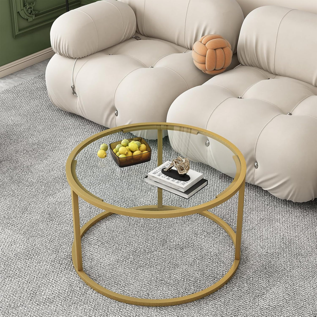 Glass Coffee Table,Round Gold Coffee Table for Small Space,27" Modern Center Table,Glass Top Clear Coffee Table with Sturdy Metal Frame for for Living Room Home Office, Easy Assembly