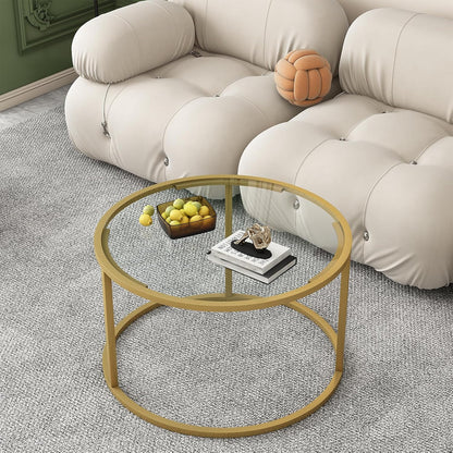 Glass Coffee Table,Round Gold Coffee Table for Small Space,27" Modern Center Table,Glass Top Clear Coffee Table with Sturdy Metal Frame for for Living Room Home Office, Easy Assembly