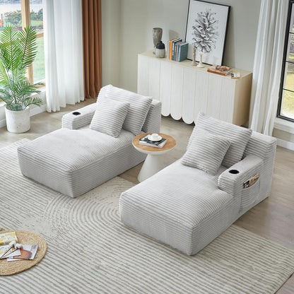 Eafurn Oversized Double Chaise Lounge Indoor with Cup Holders & Side Pocket, 71" Plush Corduroy Floor Chaise Lounge Sofa with High Density Sponge & Deep High Seat Comfy Sleeper Couch Bed