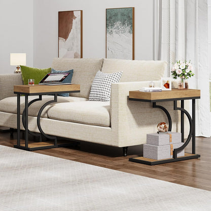Tribesigns Narrow Side Table C Shaped End Table Modern Bedside Tables for Couch, Small Sofa Chairside Tables with Metal Frame for Living Room (2, Natural+Black)