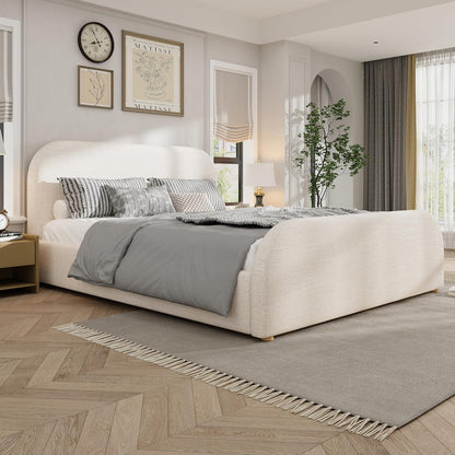 Merax King Size Bed Frame, Upholstered Linen Platform Bed with 44 Inch Tall Headboard & Footboard, Solid Wood Base, Soft Curved Edges Design King Bedframe, No Box Spring Needed, Easy Assembly, Beige