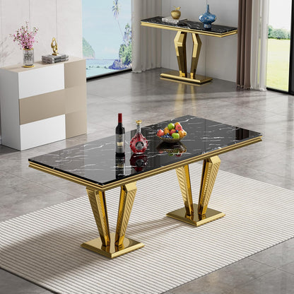 Luxury Marble Dining Table for 4 to 6, 68 inch Black Faux Marble Dining Table with Gold Stainless Steel Diamond Shaped Base, Modern Rectangle Kitchen Dining Room Table for Family Dinner Party
