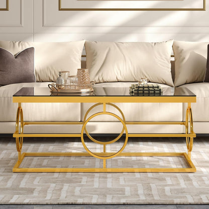 Glass Nesting Coffee Table Set with Metal Frame & Glam Design, Gold & Black | Modern Round Cocktail Center Table with Tempered Glass, Luxury for Living Room & Home Decor