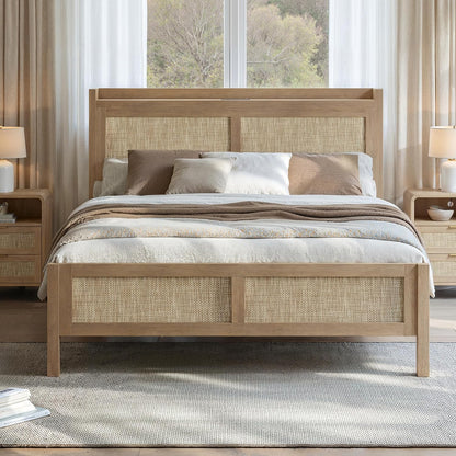 Evermagin Rattan Bed Frame Queen Size with Woven Headboard, Natural Oak