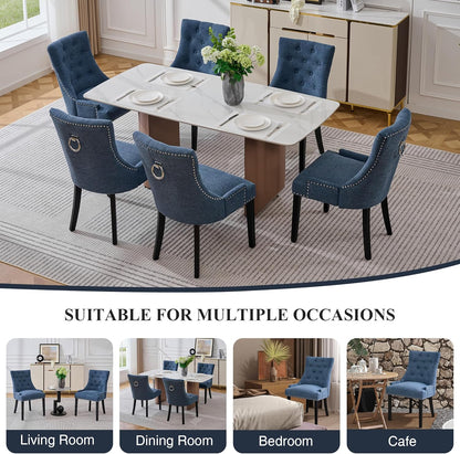 adochr Dining Chairs Set of 6, Upholstered Fabric Dining Room Chairs with Nailhead High Back & Ring Pull & Wooden Legs, Mid-Century Modern Kitchen Chairs for Restaurant, Living Room, Navy Blue