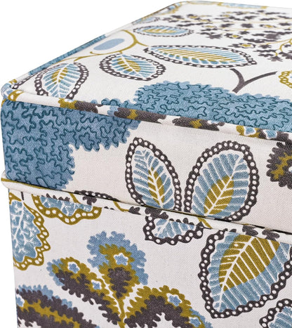 Adeco 18 Inch Linen Storage Ottoman Cube, Upholstered Footstool for Living Room & Bedroom, Vanity Stool with Safety Hinge Lid & Solid Wood Legs, 2-Min Assembly, Blue Leaves